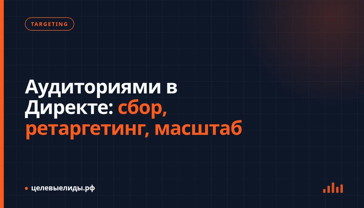 Интерфейс Яндекс Директа с настройкой сегментов аудитории: списки, ретаргетинг и look-alike на экране ноутбука